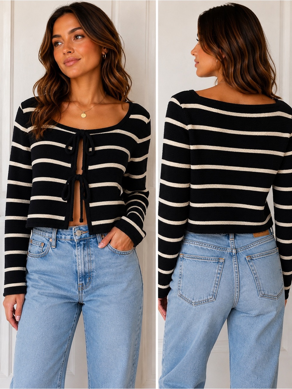 Miou Muse Striped Black and Cream Tie-Front Knit Cardigan Top – Size Medium